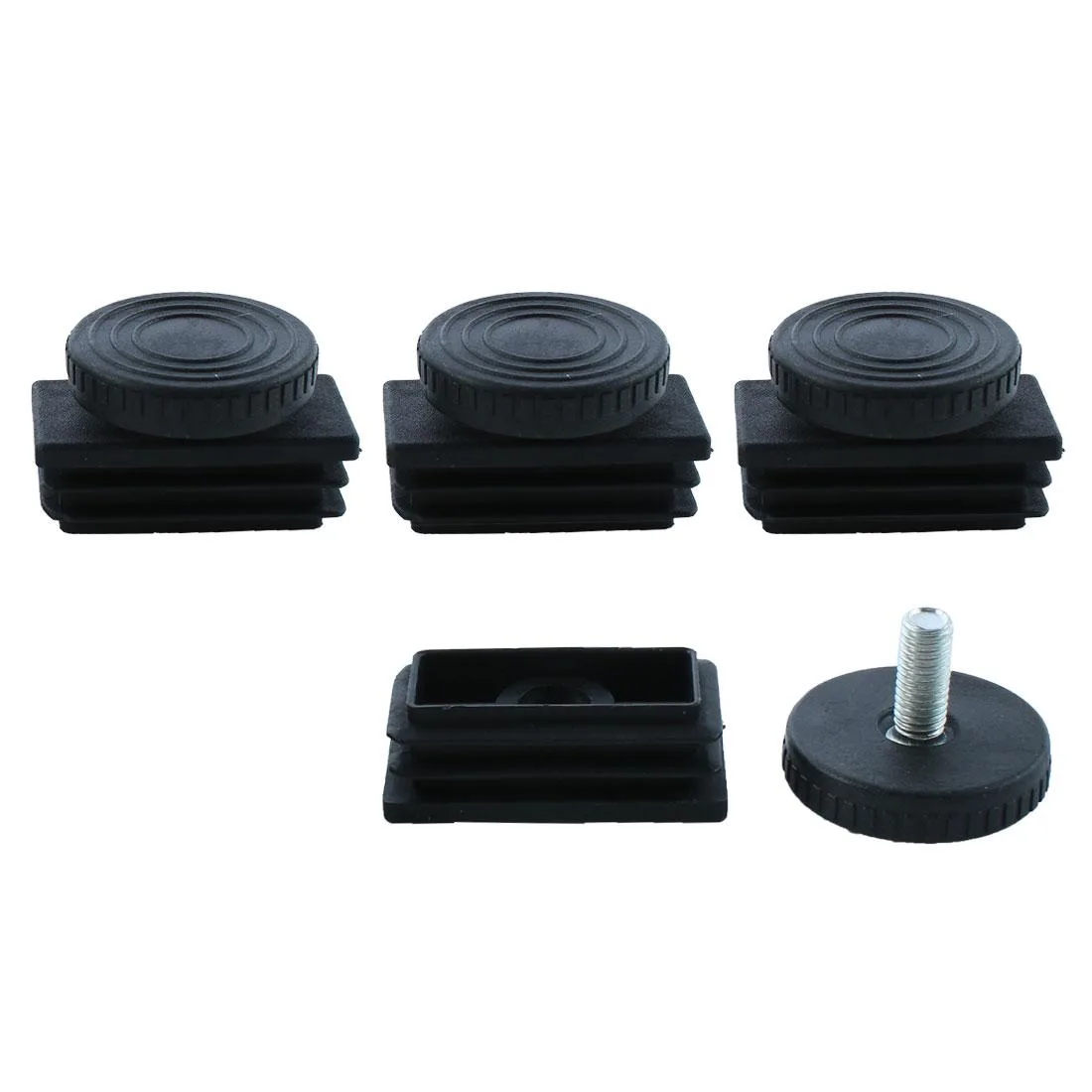 Four sets of adjustable leveling feet with 25 x 50mm tube inserts and plastic bases