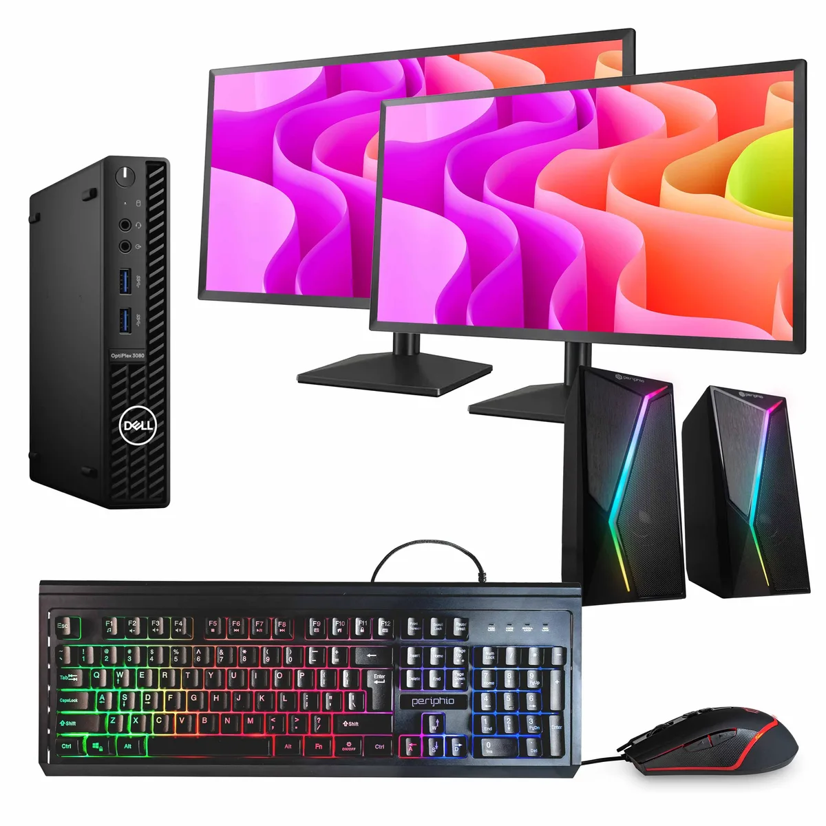 DELL DELL OptiPlex 3080 Mini PC i5-10500T 32GB 1TB DDR4 SATA dual 24" monitors WiFi Bluetooth RGB speaker — product photo