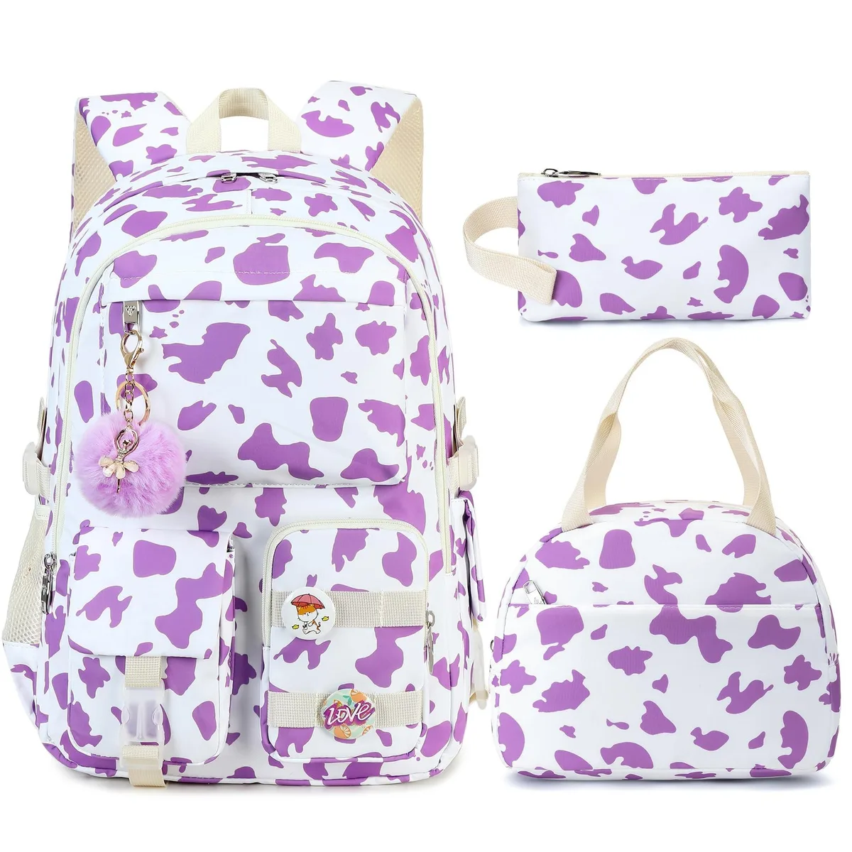 Purple three-piece backpack set with matching lunch box and pencil case