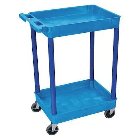 Blue two-shelf utility cart with lipped trays, flat handle, four rubber wheels