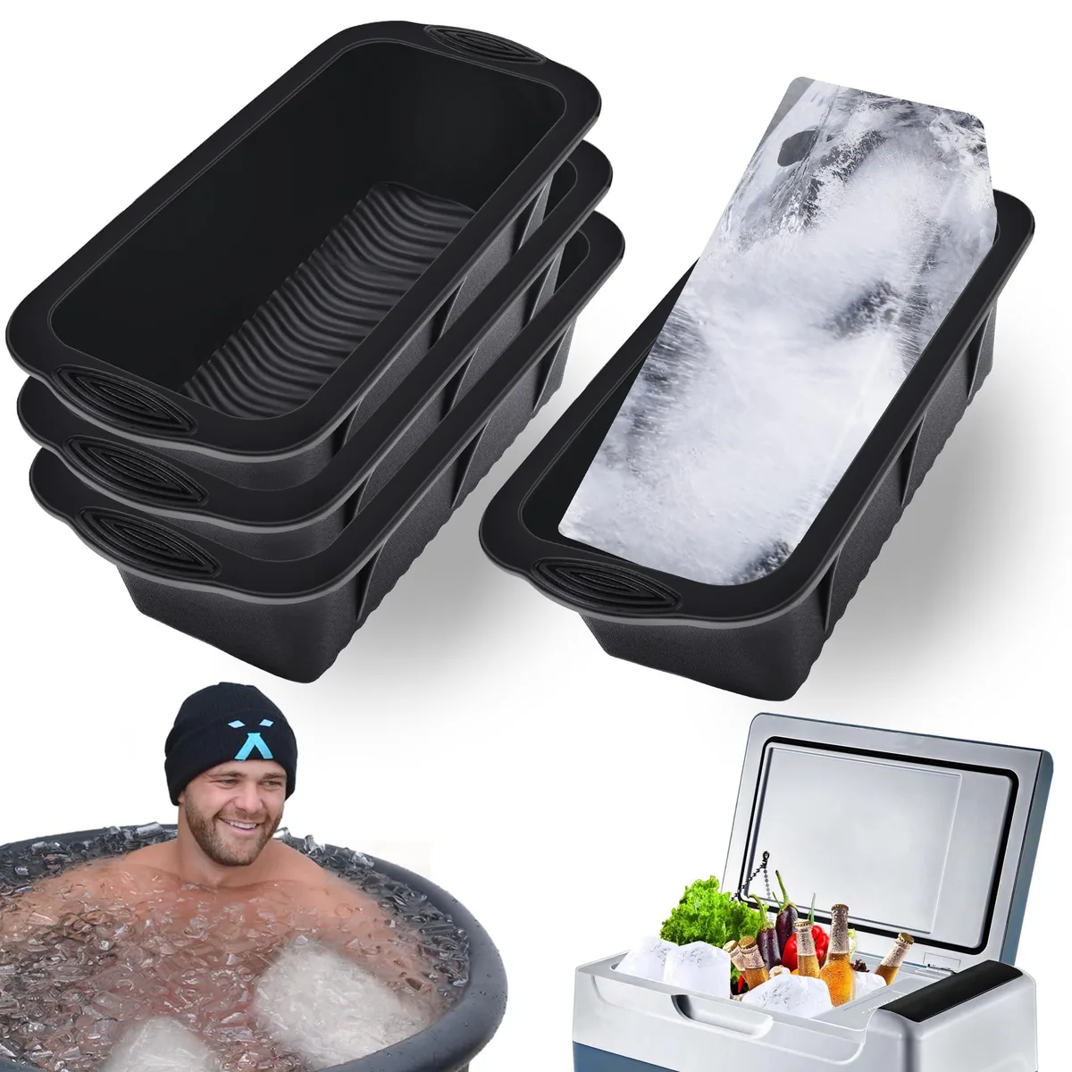 Four black rectangular silicone ice block moulds, each 10 by 5 by 2.6 inches
