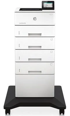 HP LaserJet printer cabinet, light grey finish, rectangular floor-standing unit with front door and casters