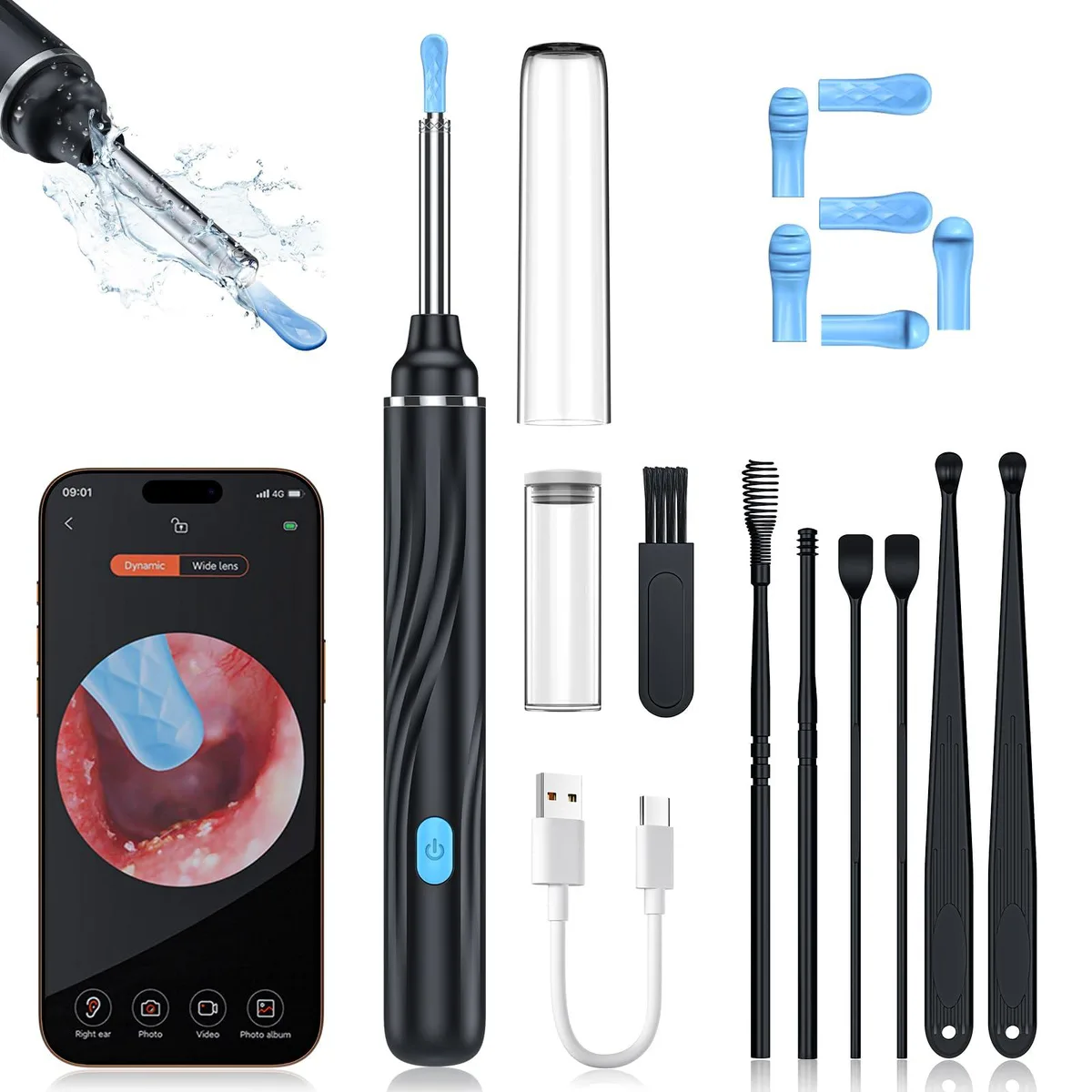 Black ear-care camera with slim pen-shaped body and six LED lights around the lens