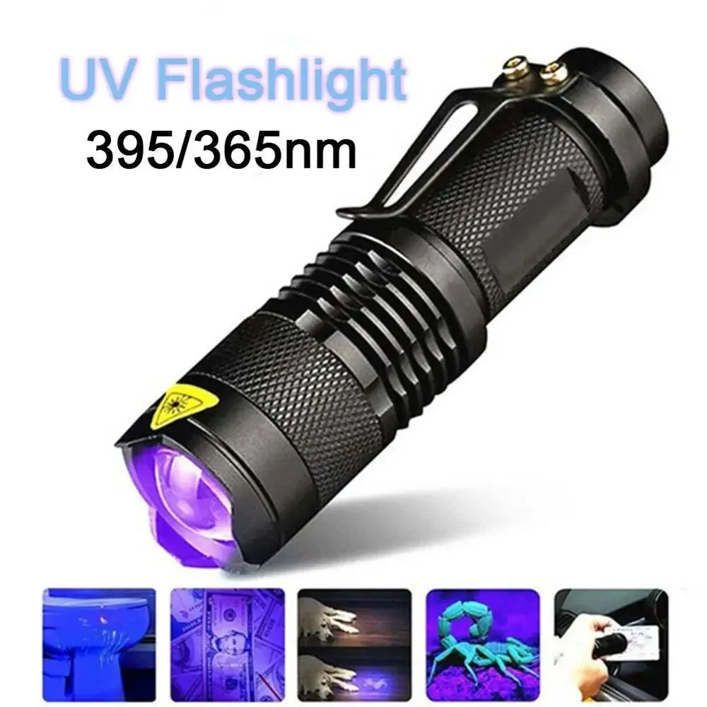 Compact aluminium UV torch, 91 by 24 by 18 mm, dual 365 and 395 nm, zoom head, steel clip