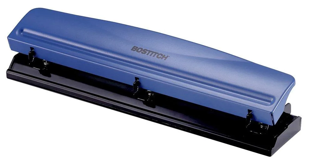 Silver metal three-hole punch with rubber base and chip tray, 12 sheet capacity
