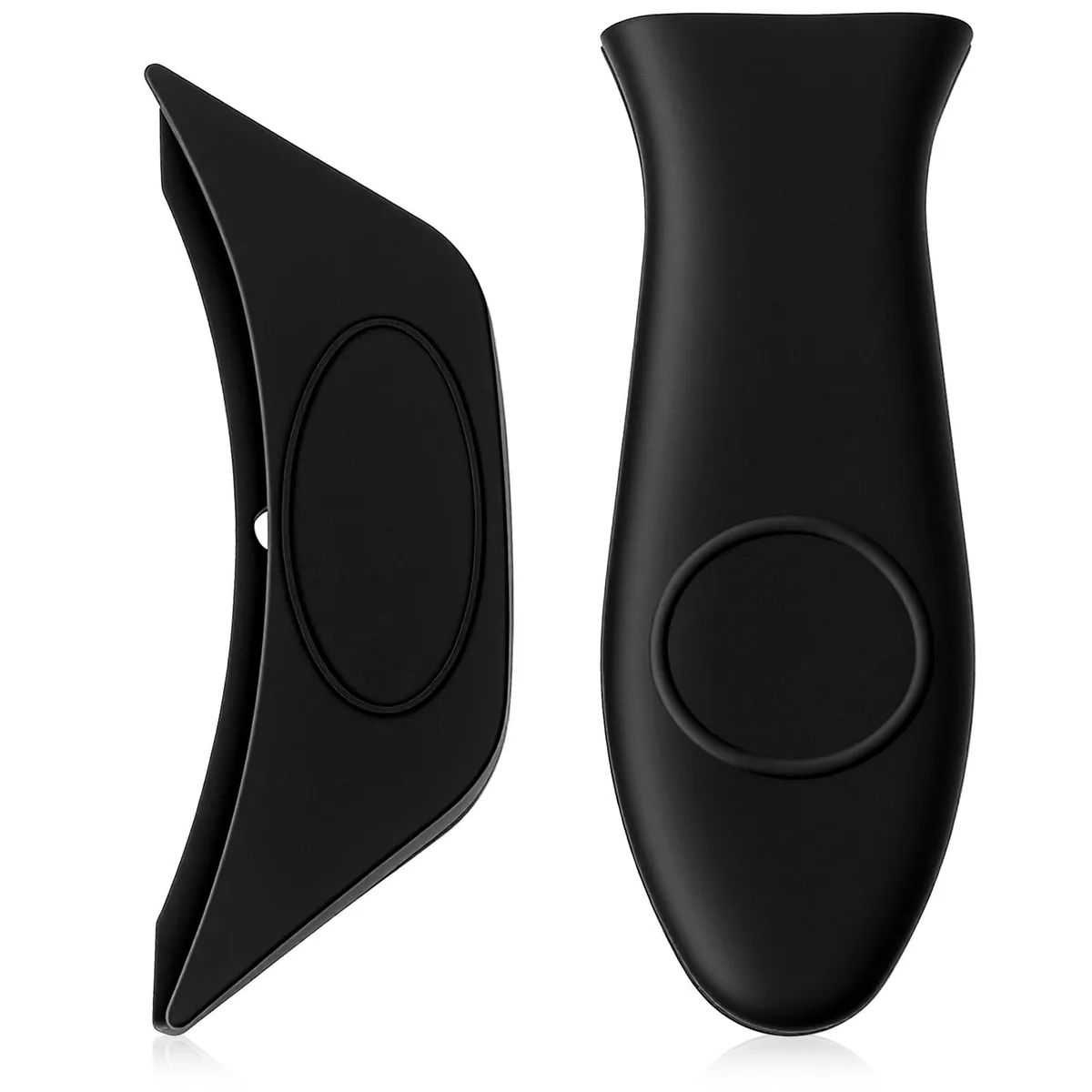 Two black silicone handle sleeves with textured grip and hanging holes