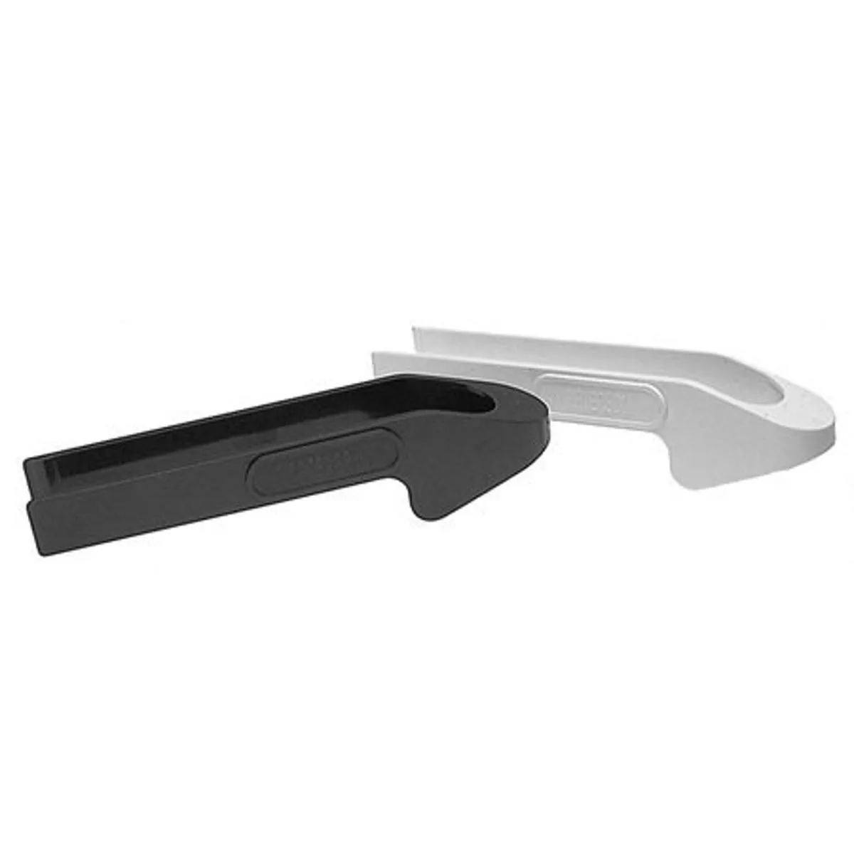 Pair of darkroom print tongs, light and dark grey plastic, textured grips, notched shoulders, model 341