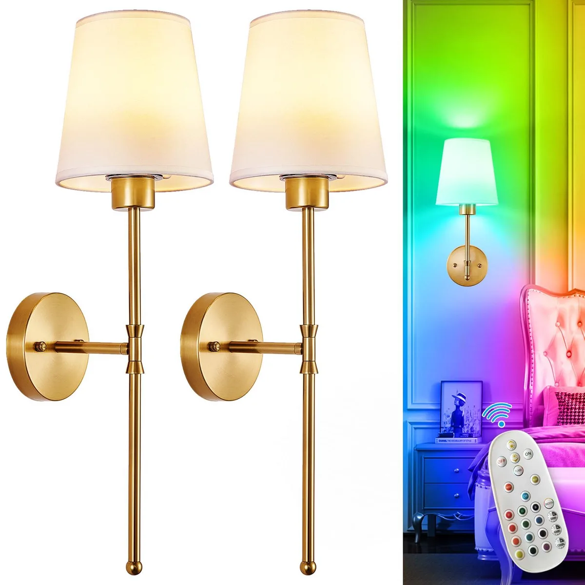  WS-FPPS-24A wall sconce set of 2 gold 10000mAh remote dimmable 15 colors — product photo