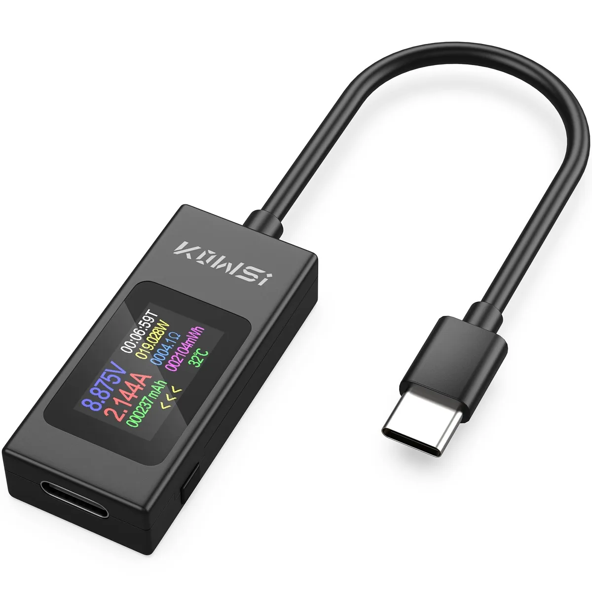 Compact USB-C power meter with colour LED display in storage case