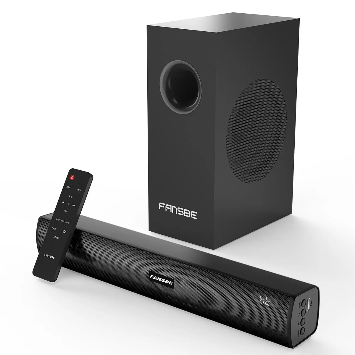Black soundbar and subwoofer system, compact rectangular units with wireless subwoofer pairing