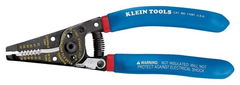 Curved Klein wire stripper with yellow dipped handles and precision stripping holes for 20-30 AWG