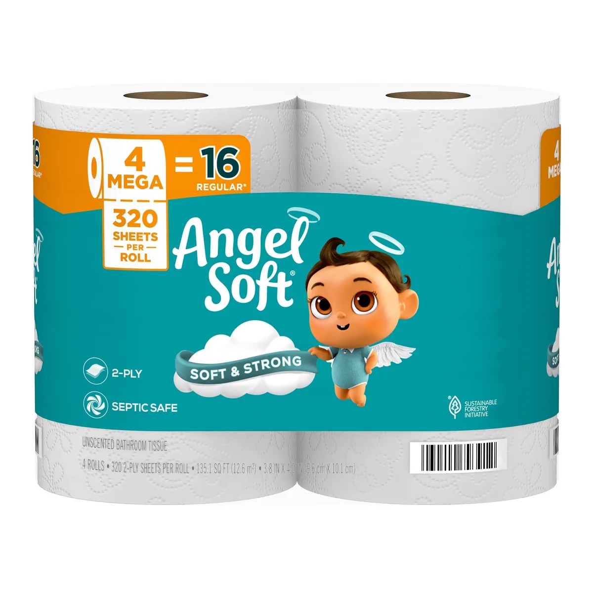 White toilet tissue pack with four mega rolls visible through clear packaging