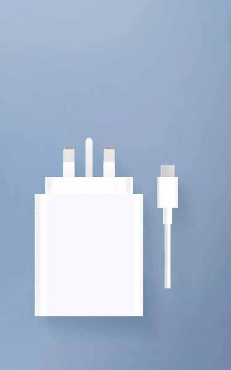 White rectangular charger with folding UK pins and USB-C cable
