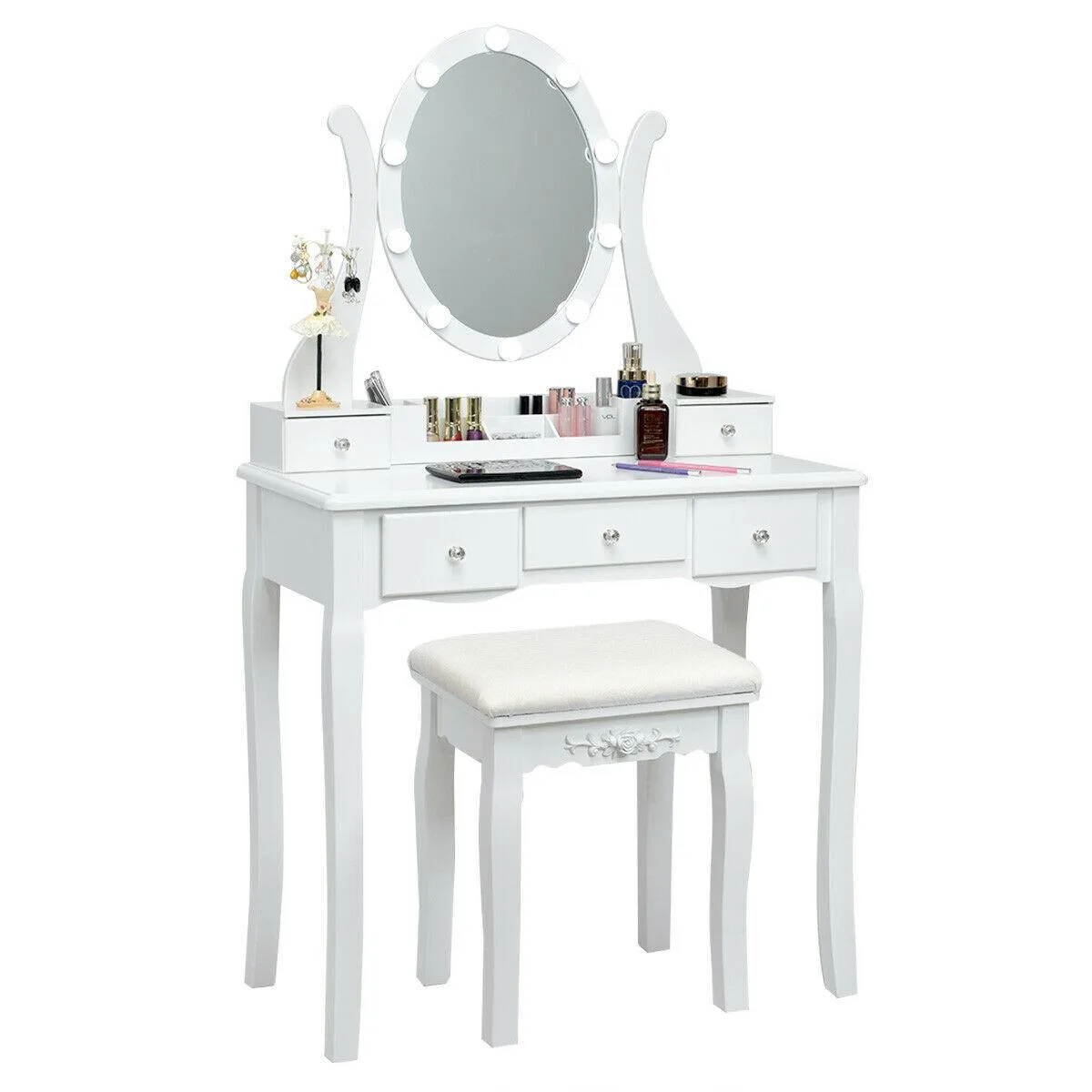 White vanity table with lighted mirror, five drawers and cushioned stool