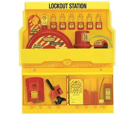 Master Lock lockout station with clear door showing padlocks, hasps, tags, cable lockouts, circuit breaker lockouts