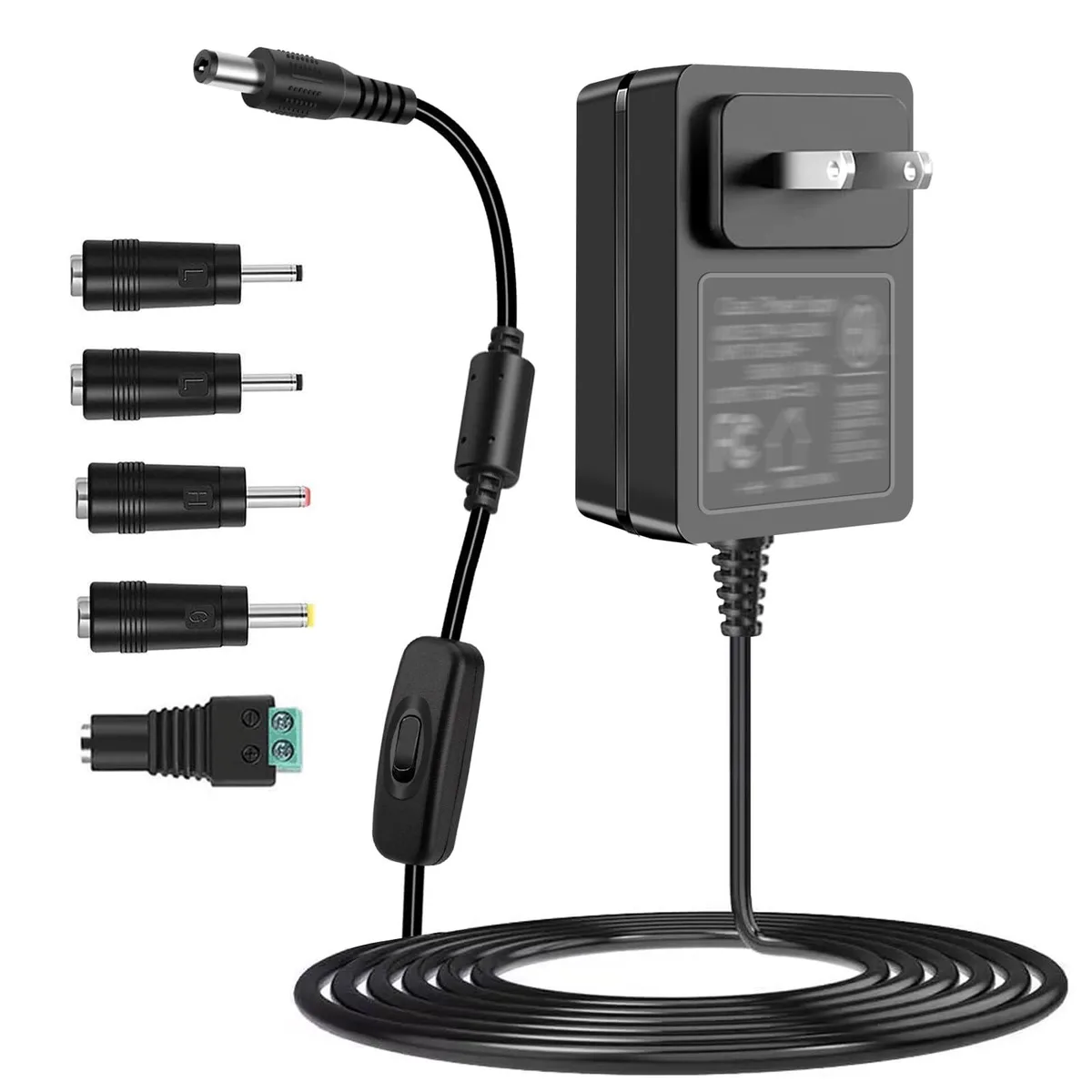  TKDY 12V 2A Power Adapter with On/Off Switch, 1.8 m Cable, 5.5×2.1/2.5 mm Tips — product photo