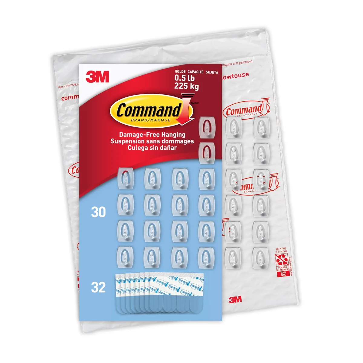 Clear mini wall hooks, 30 hooks and 32 adhesive strips in package