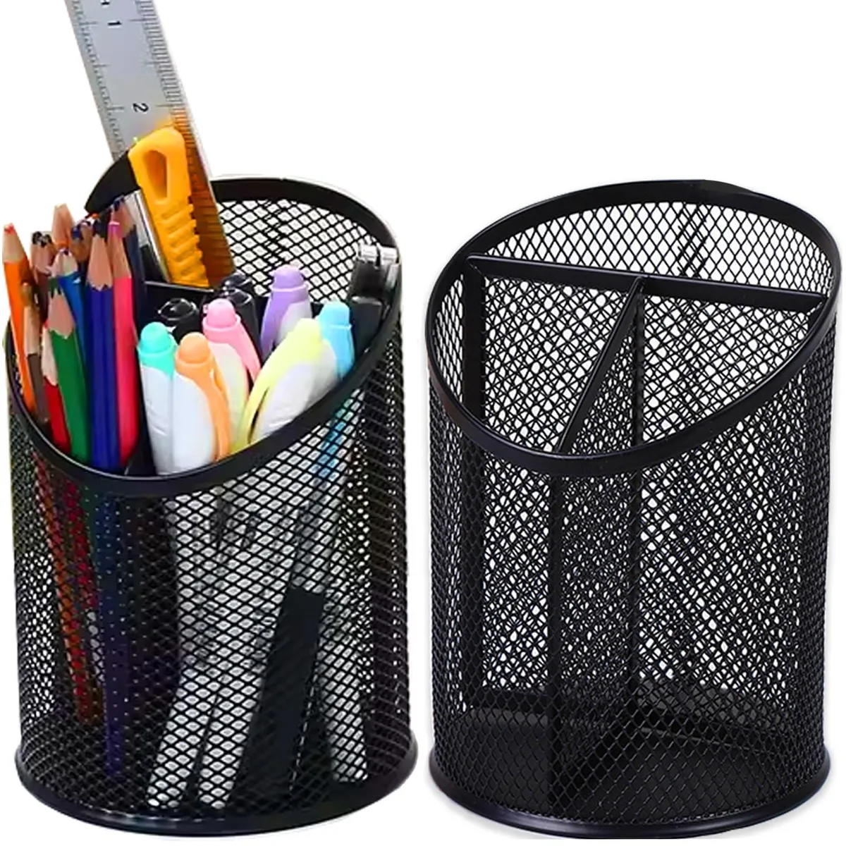 Two black powder-coated metal pencil cups with three compartments and notched fronts, round shape with anti-slip base pads
