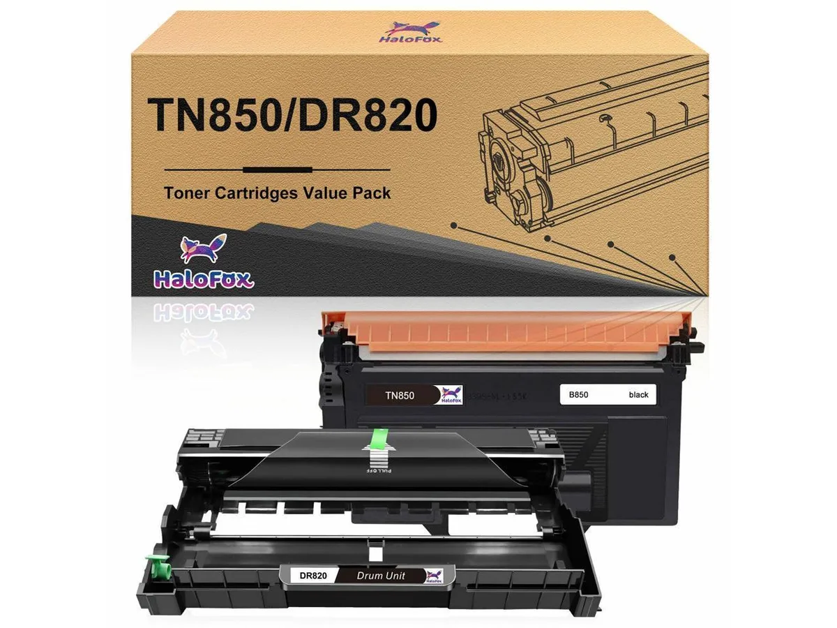 One black toner cartridge and one green drum unit side by side