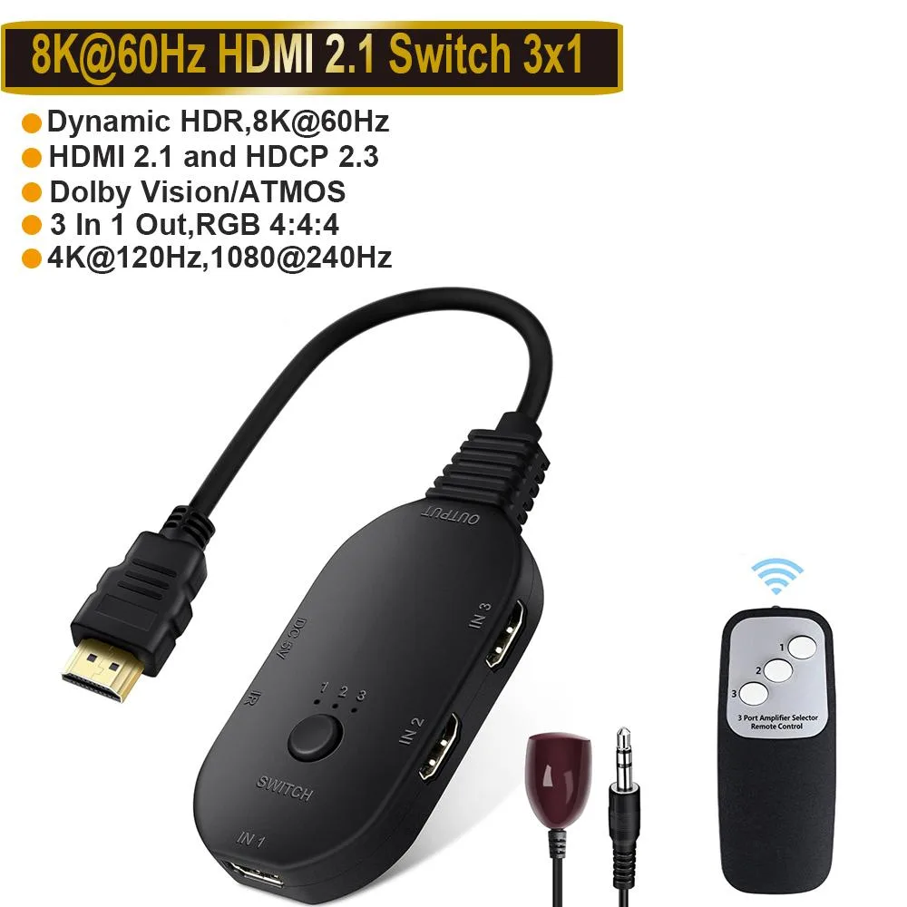 LUOM LUOM 3-Port HDMI 2.1 Switch 8K@60Hz 48Gbps Remote Control — product photo