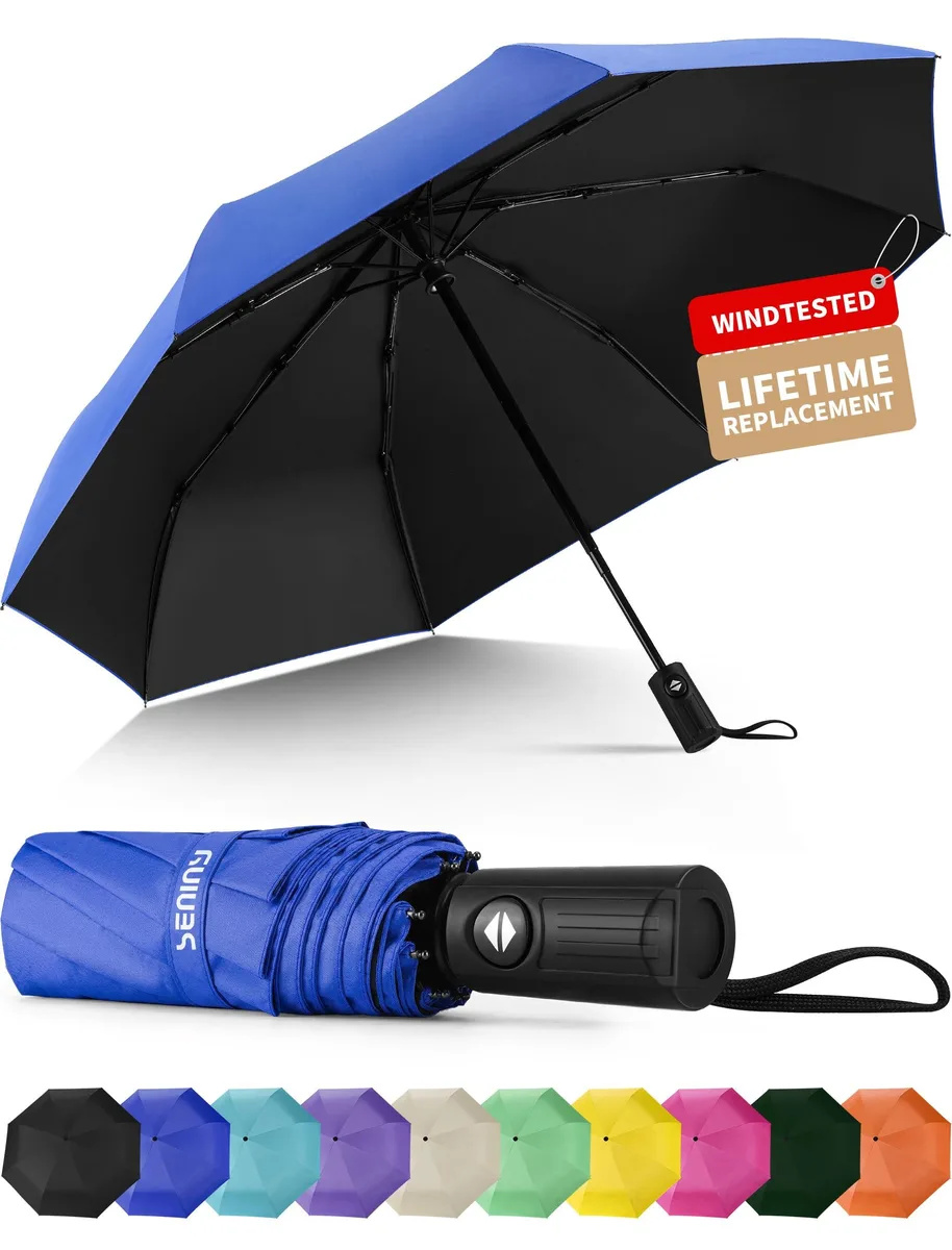 Seniny Windproof Travel Umbrella Auto Open Dark Blue 42.5in 12in folded — product photo