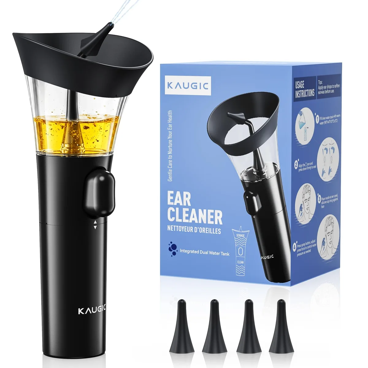 Black manual ear-cleaning kit with squeeze bottle and silicone tip, 11.5 x 10.6 x 17.2 in