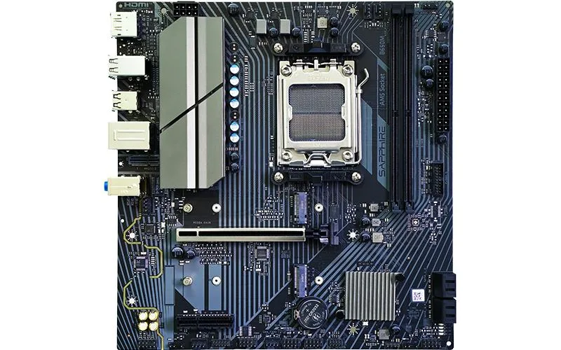 Sapphire B650M E motherboard, micro-ATX, dark PCB with silver heatsinks