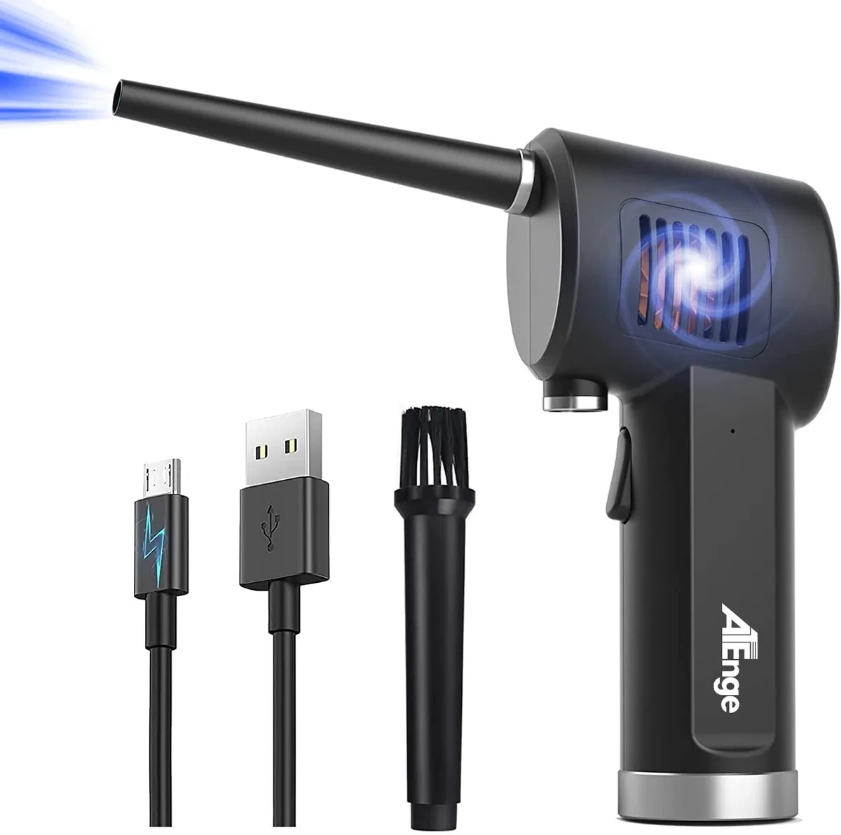 Black cordless air duster with two nozzles, compact handheld form