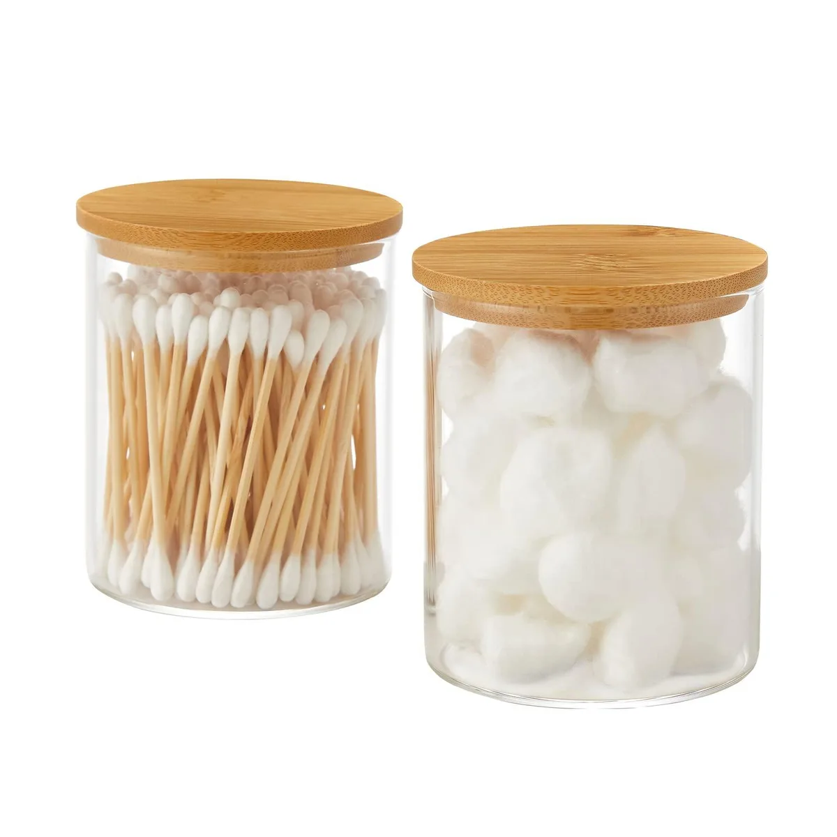  INIUNIK Glass Qtip Holder Dispenser with Bamboo Lid 2 Pack Yellow 3.6 in — product photo