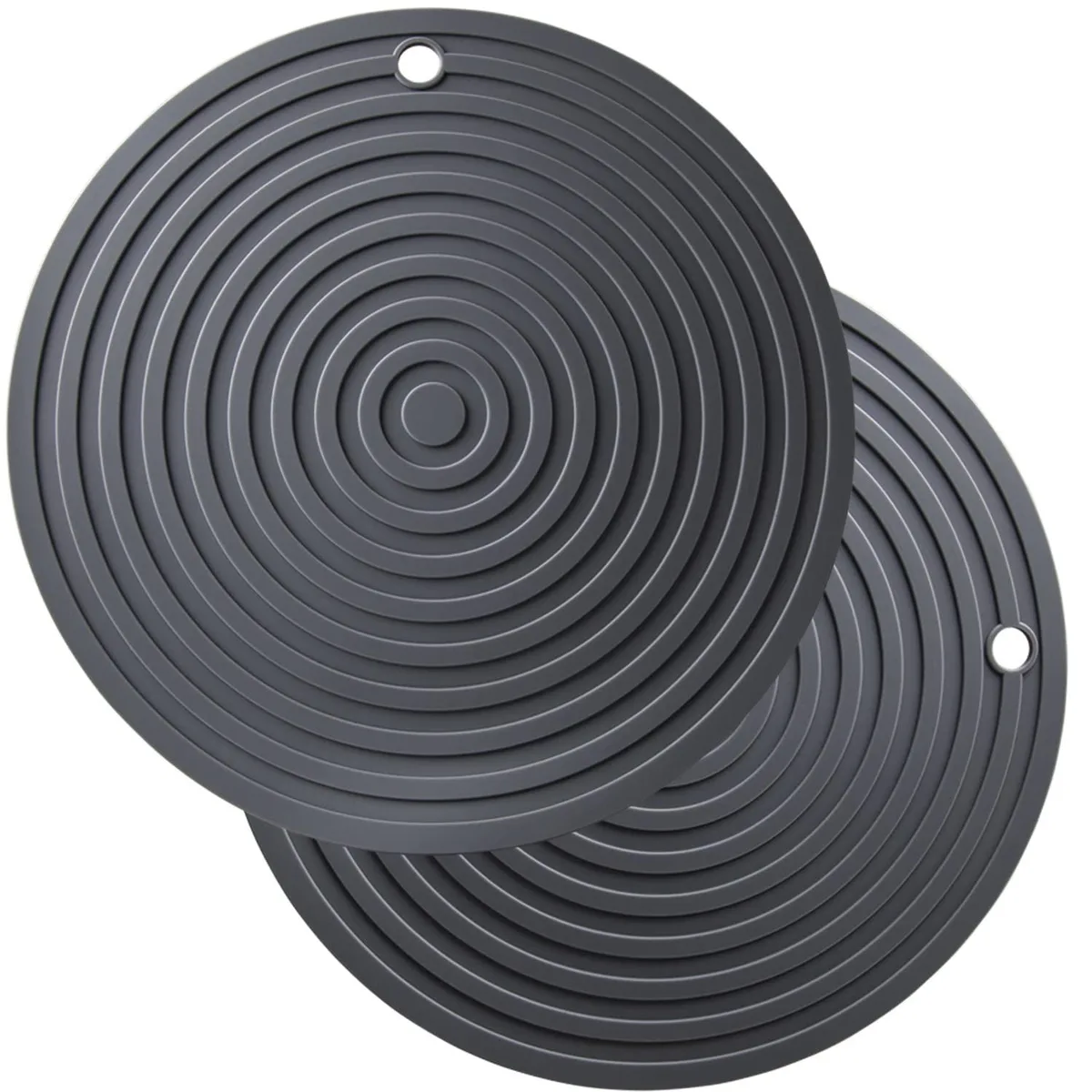 Two dark gray round silicone trivets, 9.45 inch diameter, flexible non-slip texture