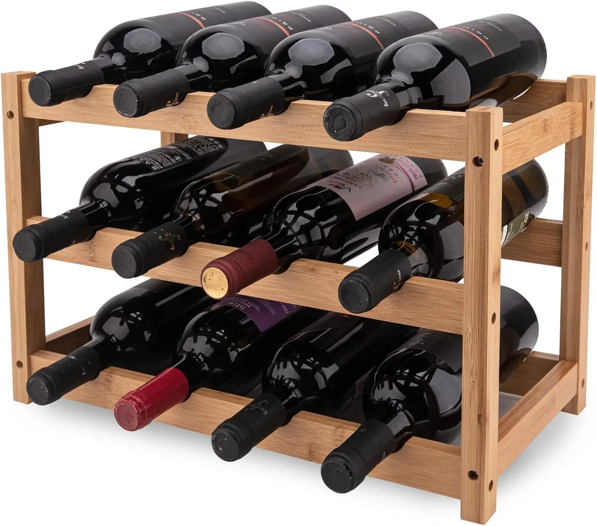 Three-tier bamboo wine rack with wave shelves, stainless steel top, holds twelve bottles