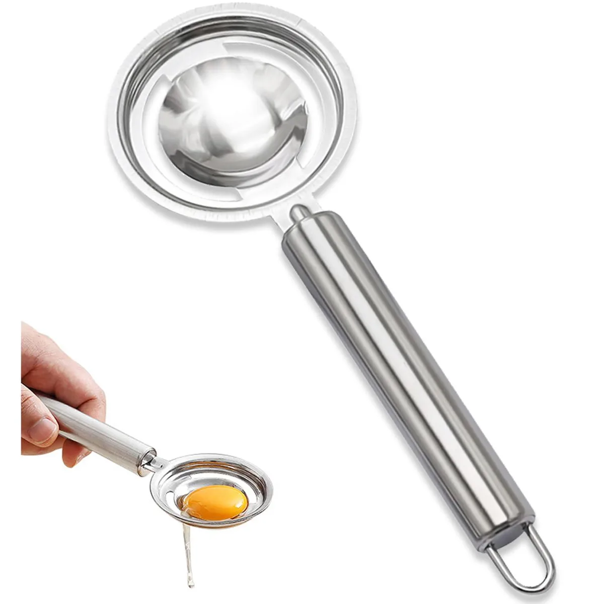Stainless steel egg separator with hanging hole