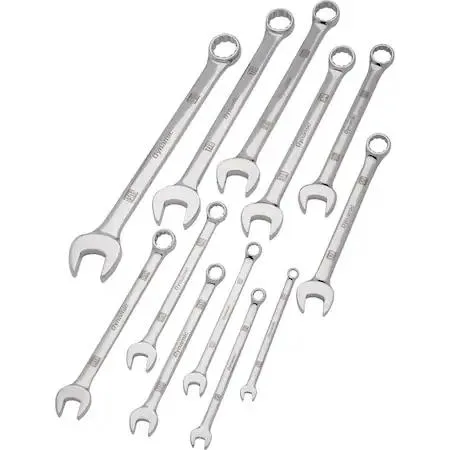 Twelve chrome SAE combo wrenches in canvas roll