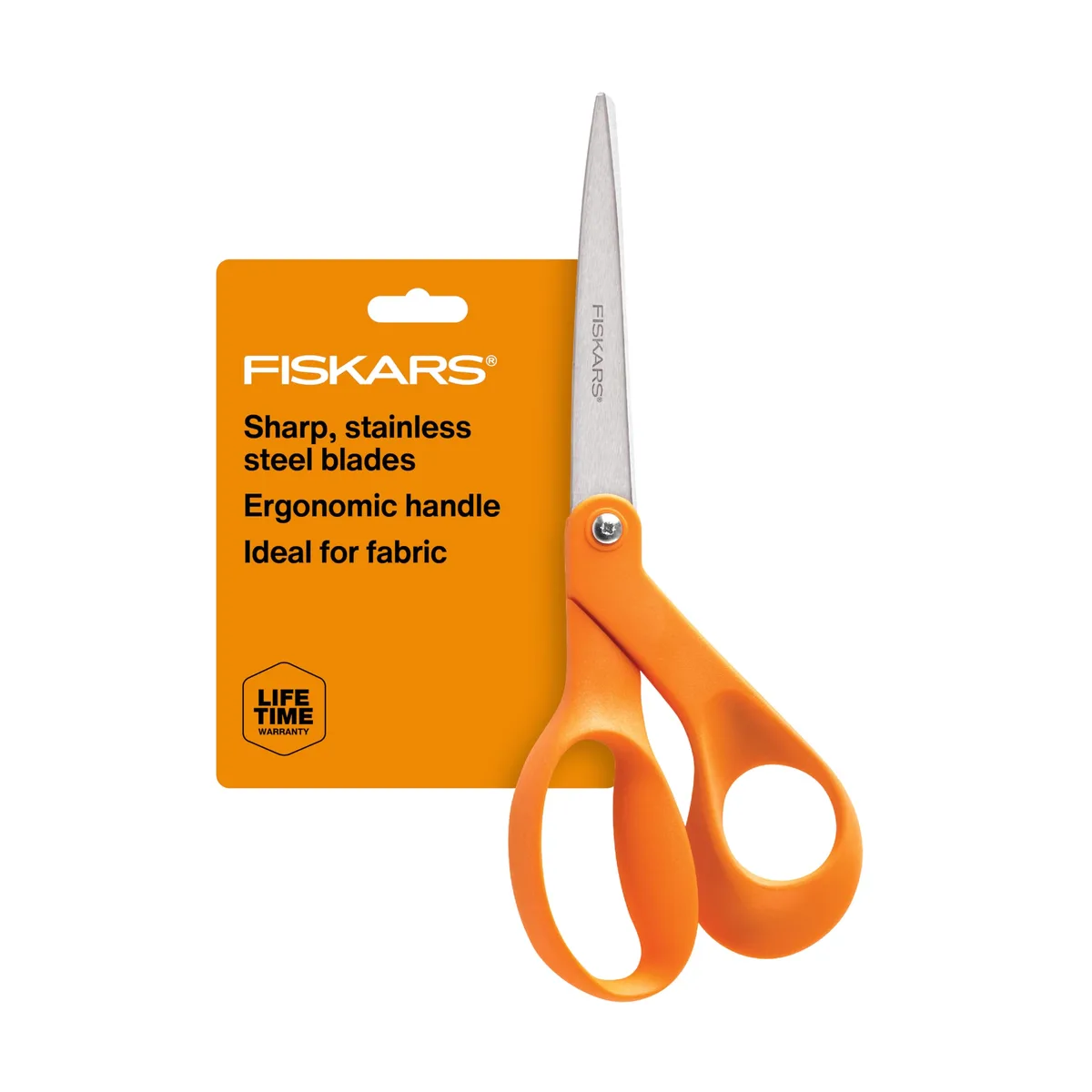Pair of 8-inch scissors with orange plastic handles and stainless steel blades