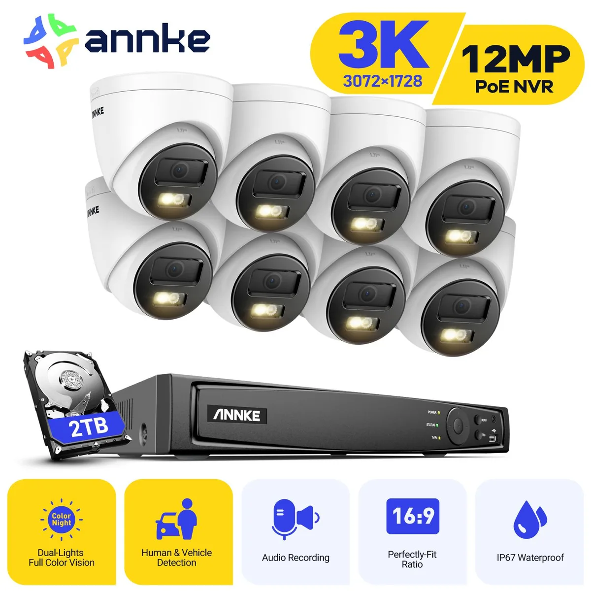 Annke Annke H.265+ 8CH PoE Surveillance Security System 12MP NVR 8×3K Cameras 2TB HDD — product photo