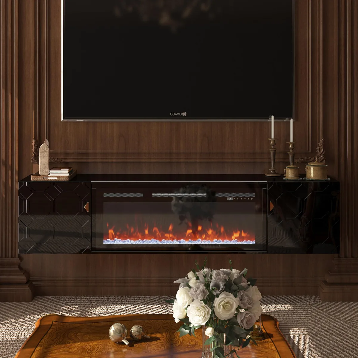tuphen tuphen 67 in. Black High Gloss TV Stand Fireplace — product photo