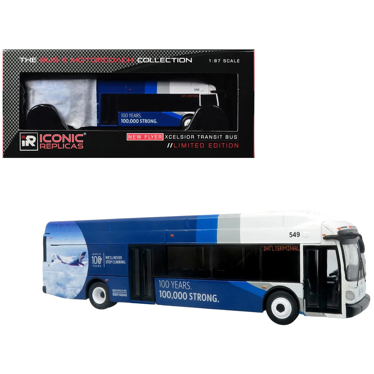 Iconic Replicas Iconic Replicas New Flyer Xcelsior XN40 Delta Air Lines 100th Anniversary 1/87 HO Scale Diecast Bus — product photo