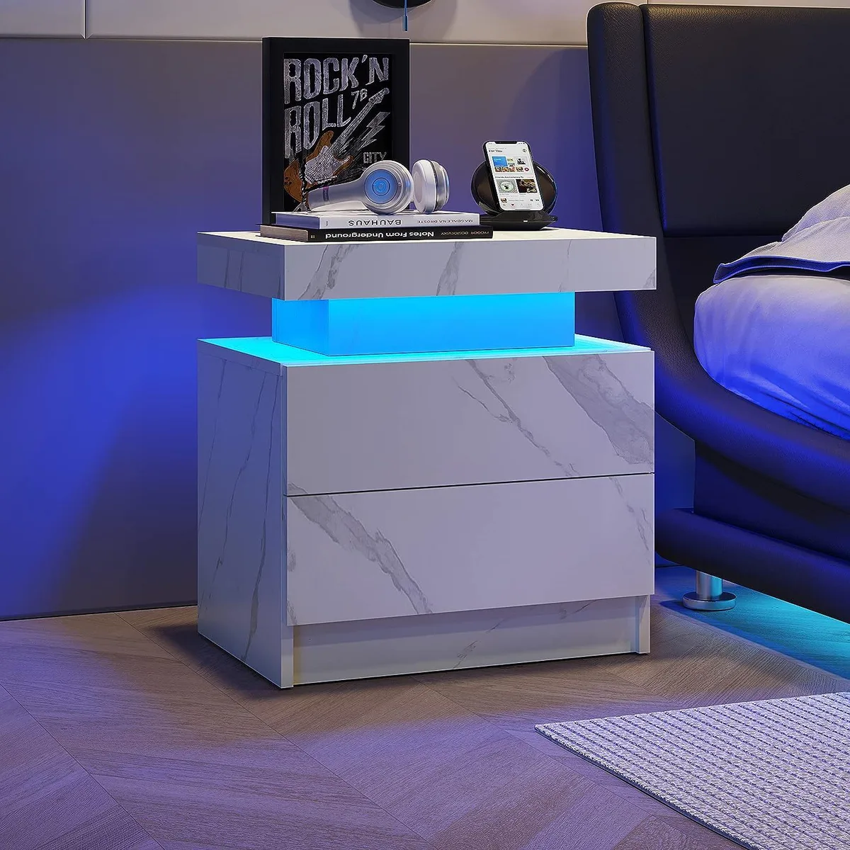 tuphen tuphen Nightstand LED Bedside Table 2 Drawers White Stone — product photo