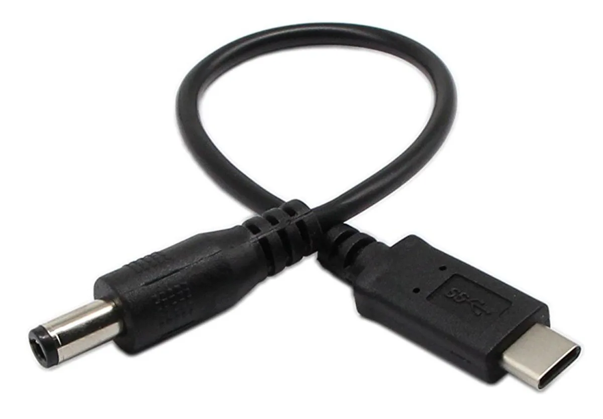 Black USB-C male to 5.5 by 2.5 mm DC plug cable, 20 cm long