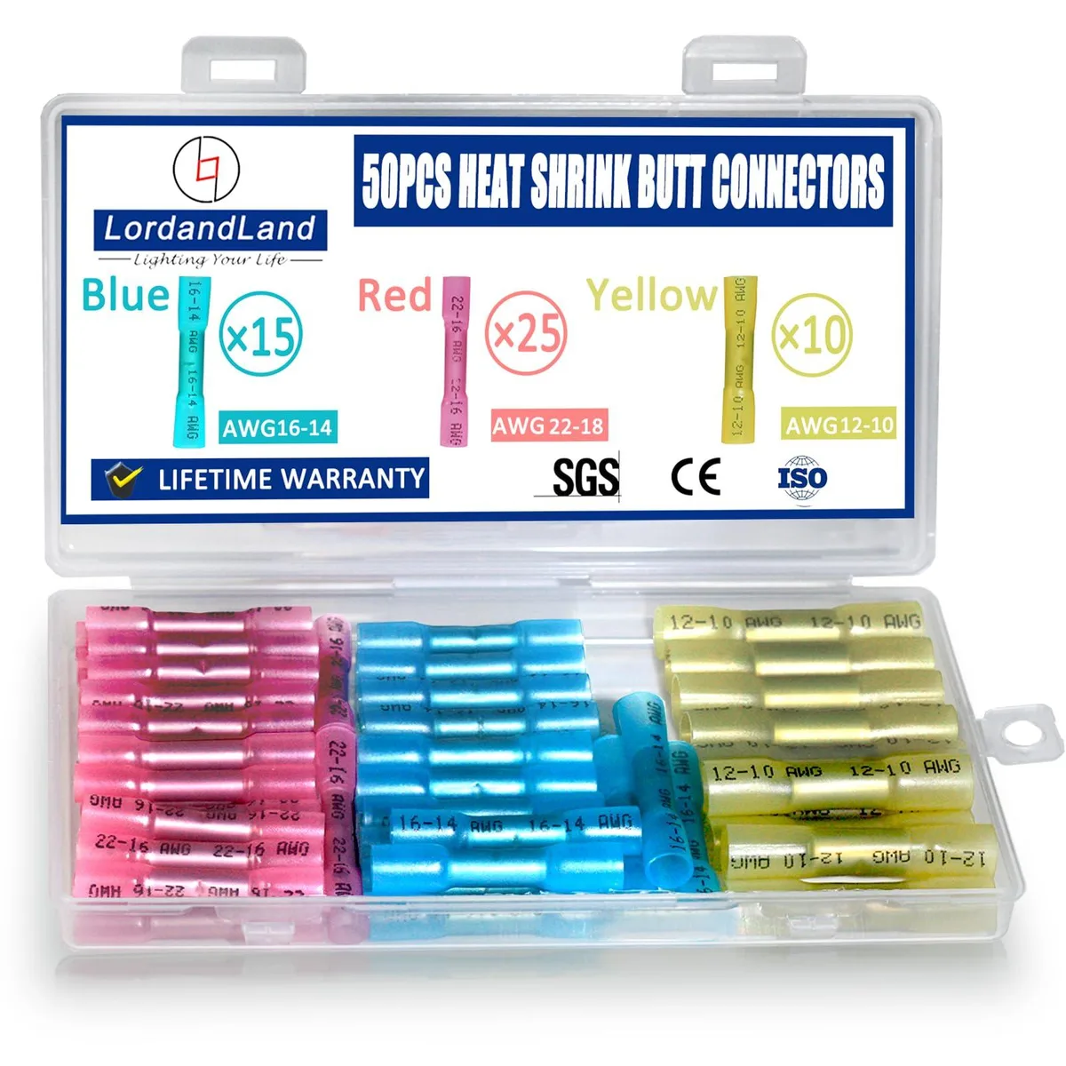 Clear box of 50 heat-shrink butt connectors in red blue and yellow