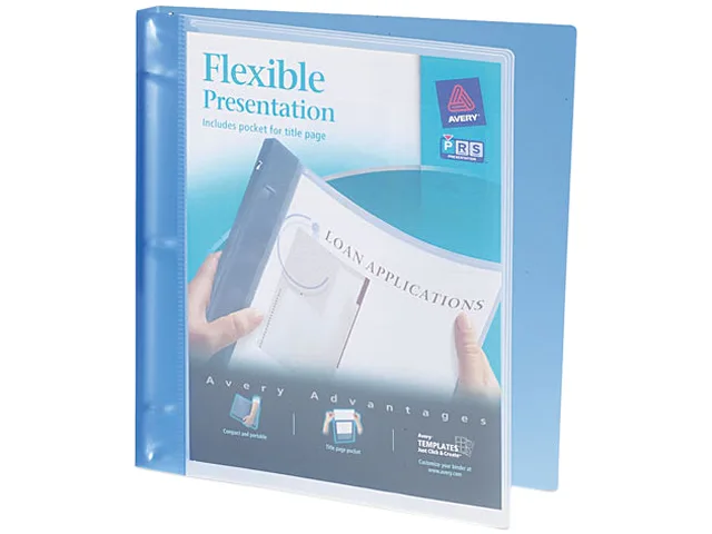 Blue flexible round-ring binder with clear front pocket and translucent spine