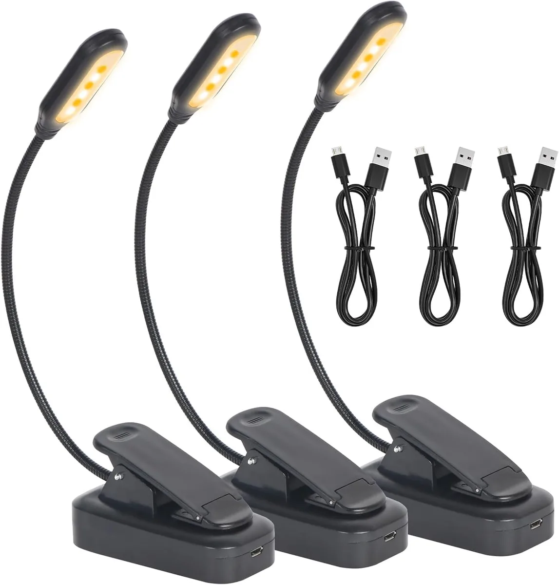 Hilngav USB-C Rechargeable Book Light 3 Pack 2.9oz 360° Gooseneck — product photo