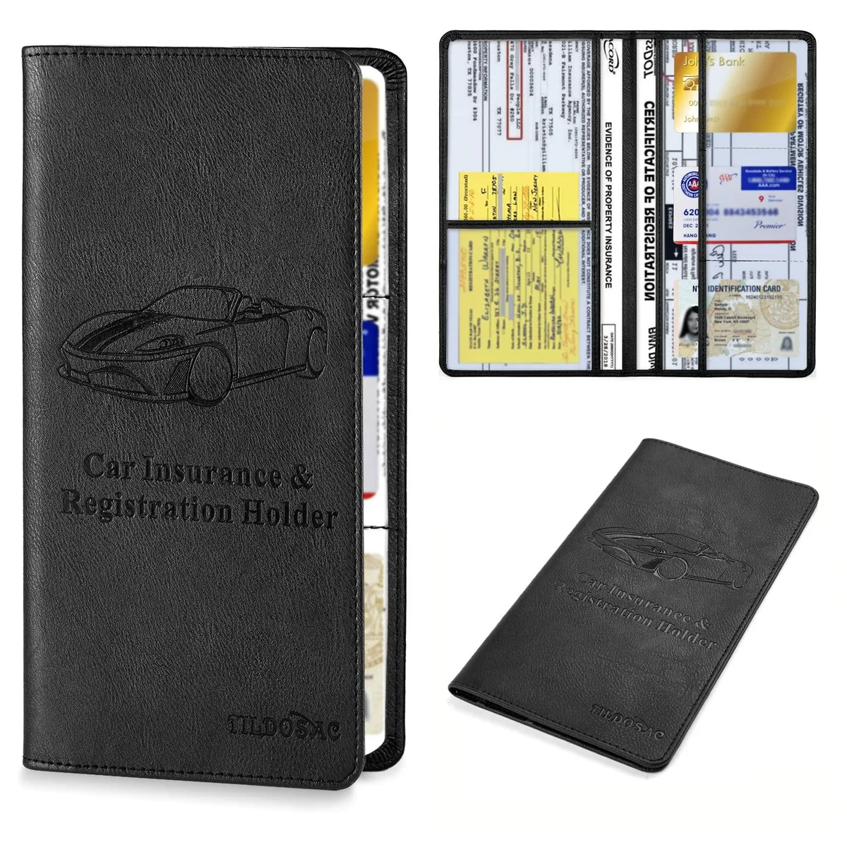 Black faux-leather document wallet with magnetic closure, six clear pockets inside
