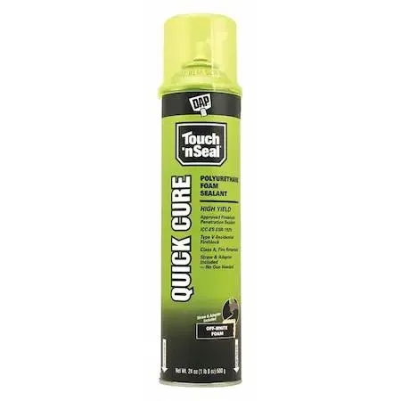 A 24 oz aerosol can of off-white spray foam sealant with a straw applicator attached