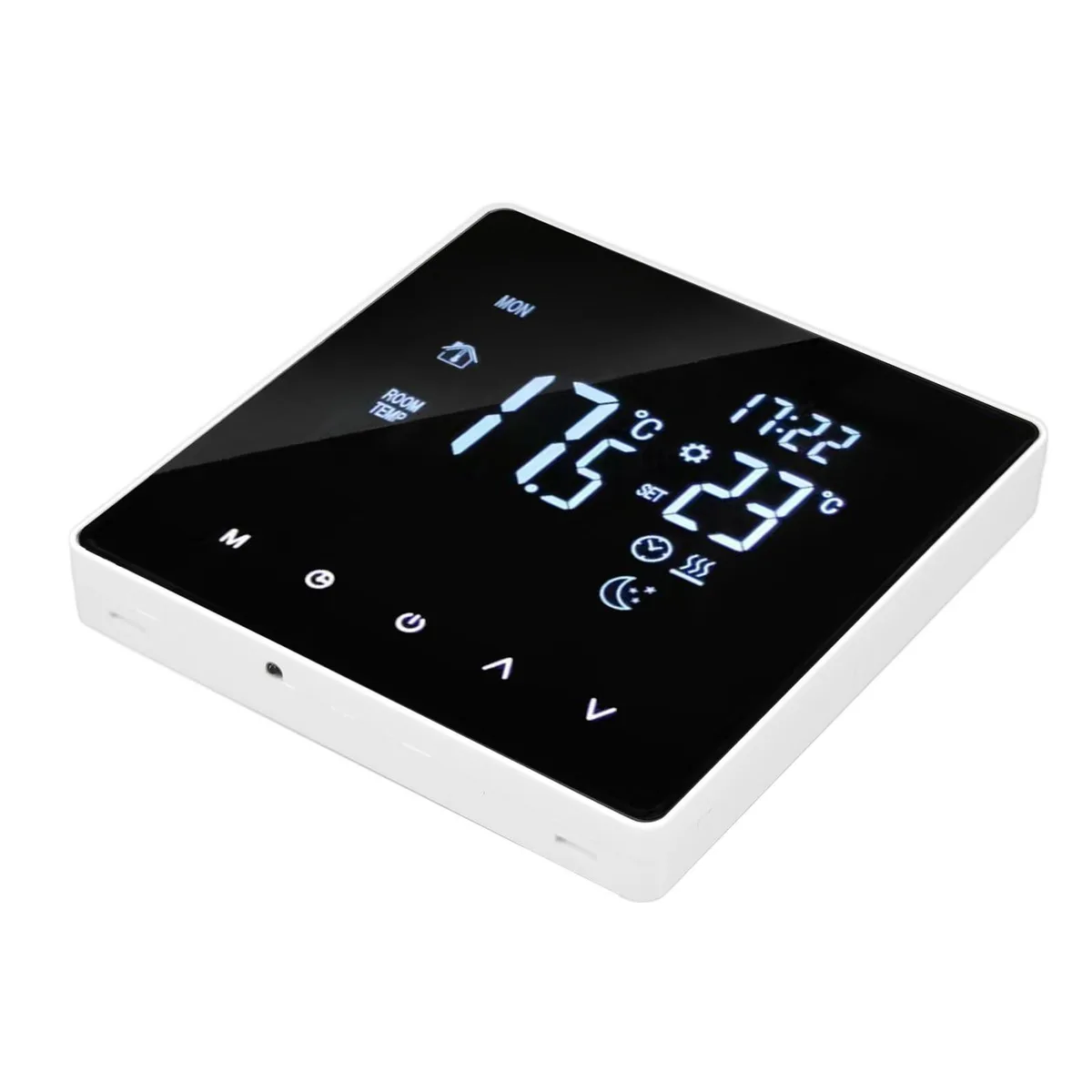 Twelve white wall thermostats with LCD screens, 240V, 5-60°C range
