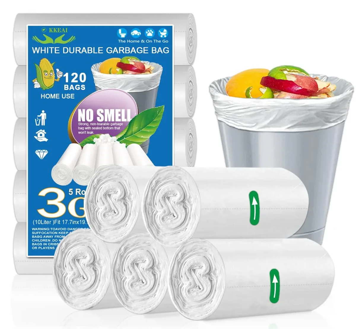  OKKEAI 3 Gallon White Trash Bags 120 Count 10L 17.5x19.5in AM004-White-45x50-4R — product photo