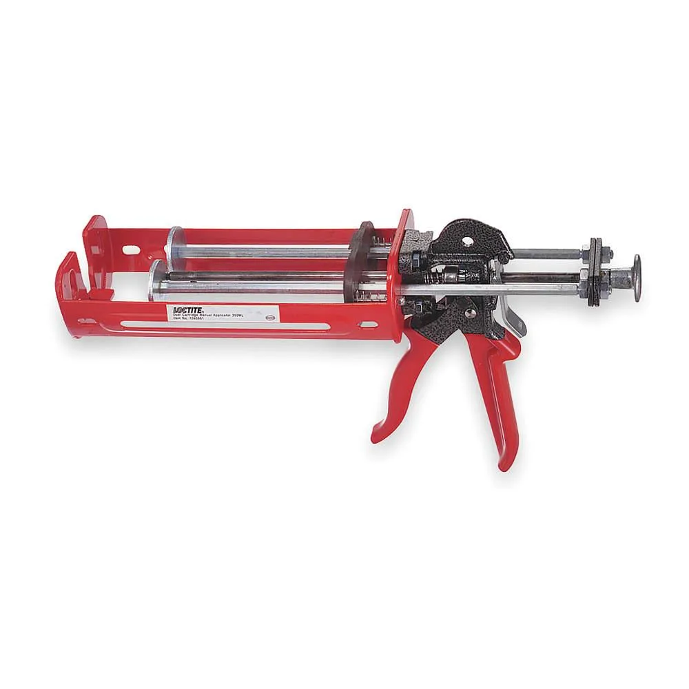 Red dual-cartridge manual applicator with comfort grip handle and thumb pressure release