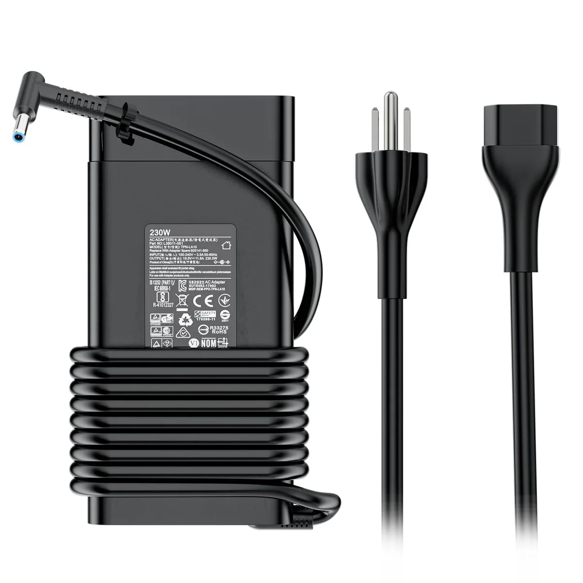 Rectangular black power brick with blue-tip barrel connector and detachable mains lead
