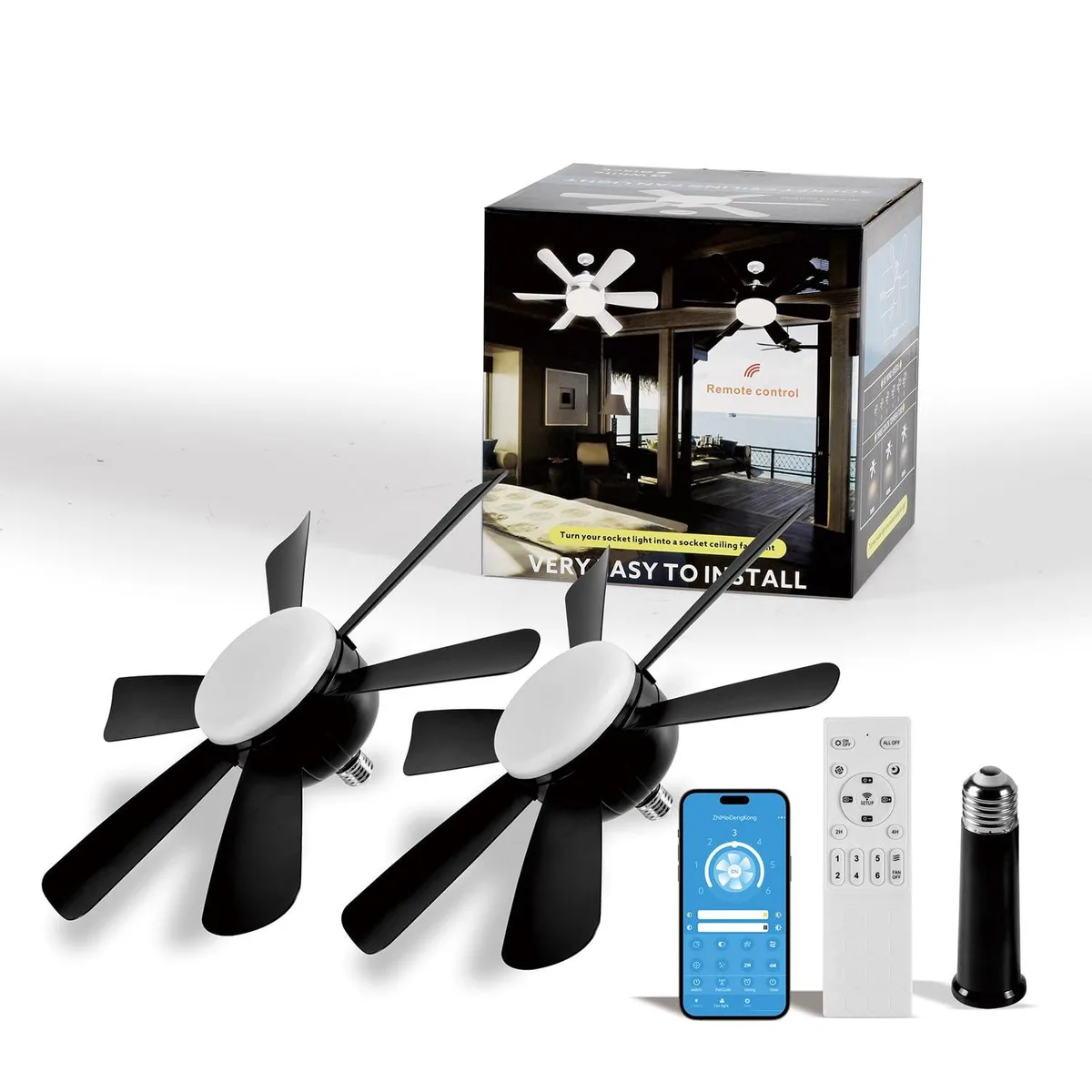 Black 18-inch ceiling fan light with white acrylic blades and integrated LED panel