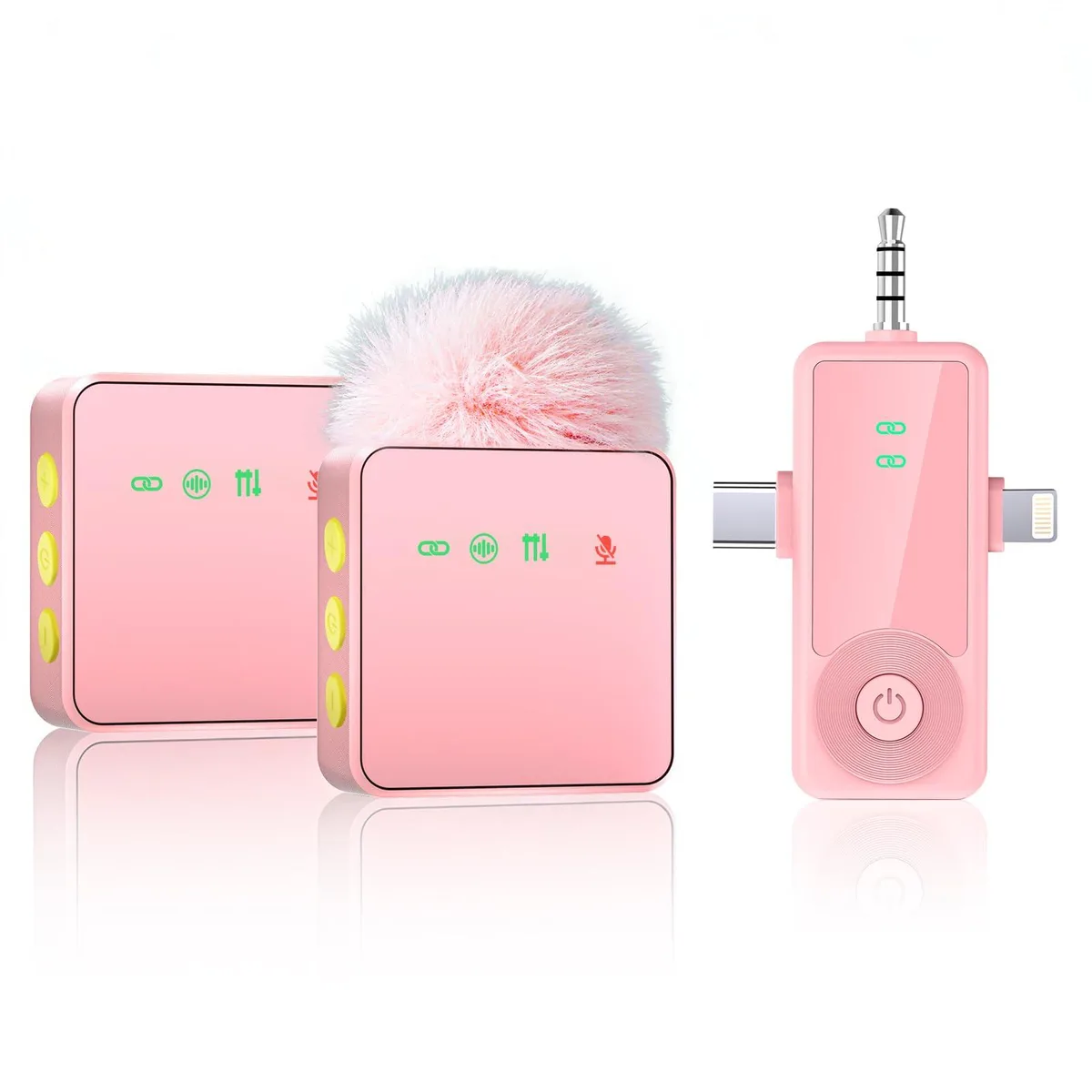 Small pink wireless lavalier microphone with clip and 3-in-1 receiver